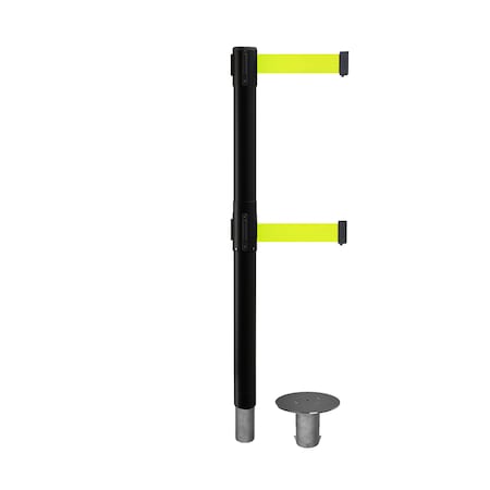 Montour Line Stanchion Dual Belt Bar.Removable Base Black Post 7.5ftFl.Yel Belt P400DR-BK-FYW-75